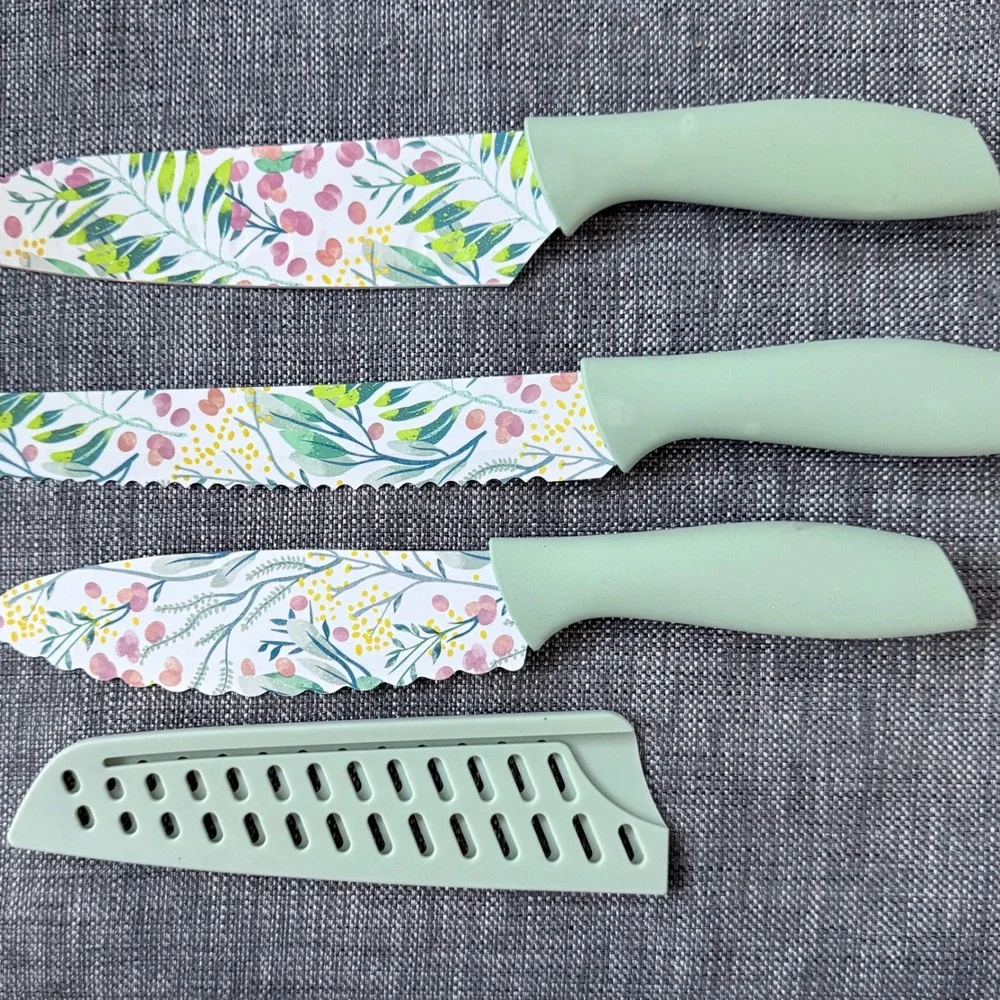 Unbranded Floral Kitchen Knife Set Unisex OS Sage Green Excellent 3 Piece Sheath